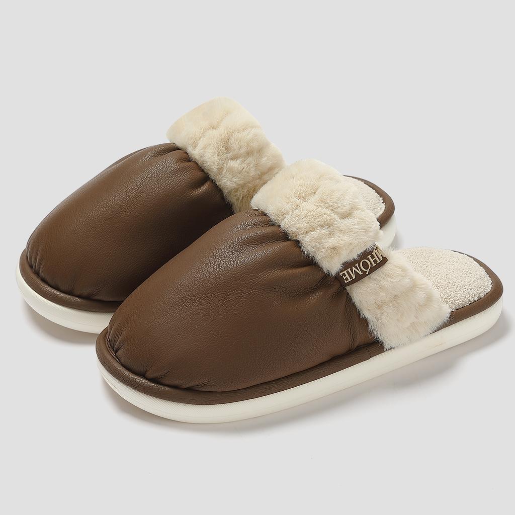 Home Cotton Slippers Winter Pu Waterproof Indoor Home Large Size Warm Plush Cotton Mop