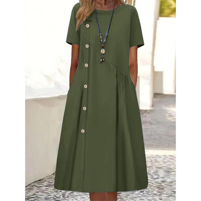 Damen Midi-Kleid mit Knöpfen, geraffter Taille und Taschen, lässiges, lockeres Tunika-Kleid