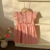 Girls Summer Strawberry Embroidered Dress Sweet Round Neck Flutter Sleeve Baby Dress Cute Casual Party Outfit For Kids