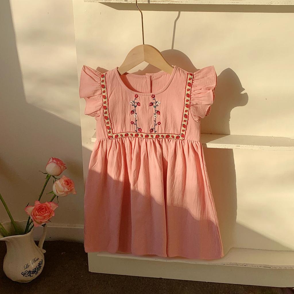 Girls Summer Strawberry Embroidered Dress Sweet Round Neck Flutter Sleeve Baby Dress Cute Casual Party Outfit For Kids