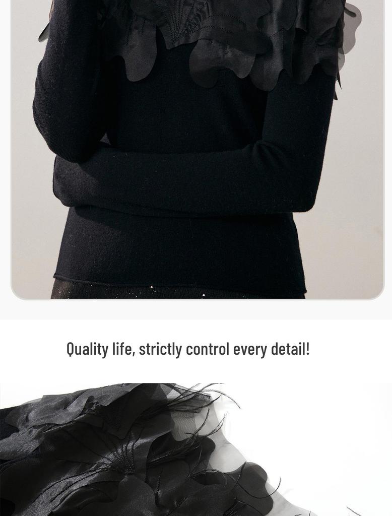 Swan Neck Cashmere Sweater with Hand-Embroidered Flowers: One-Shoulder, Sexy, and Three-Dimensional Feather Design