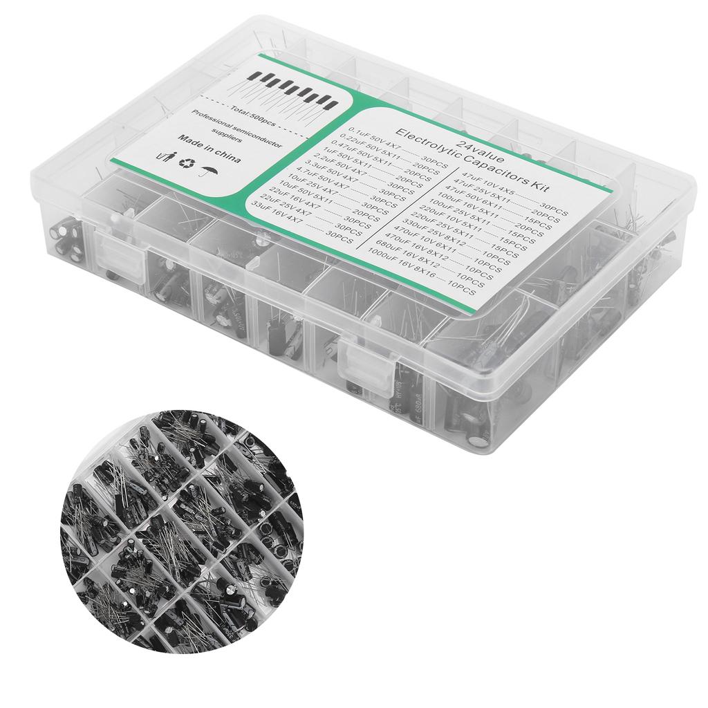 500Pcs Electrolytic Capacitor Kit 24 Value Assortment Box 0.1uF?1000uF 10V 16V 25V 50V