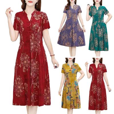 Solid Coloured Spring Summer Plus Size Women's  Medium Length Short Sleeved Retro Cheongsam Thin V Neck Dresses