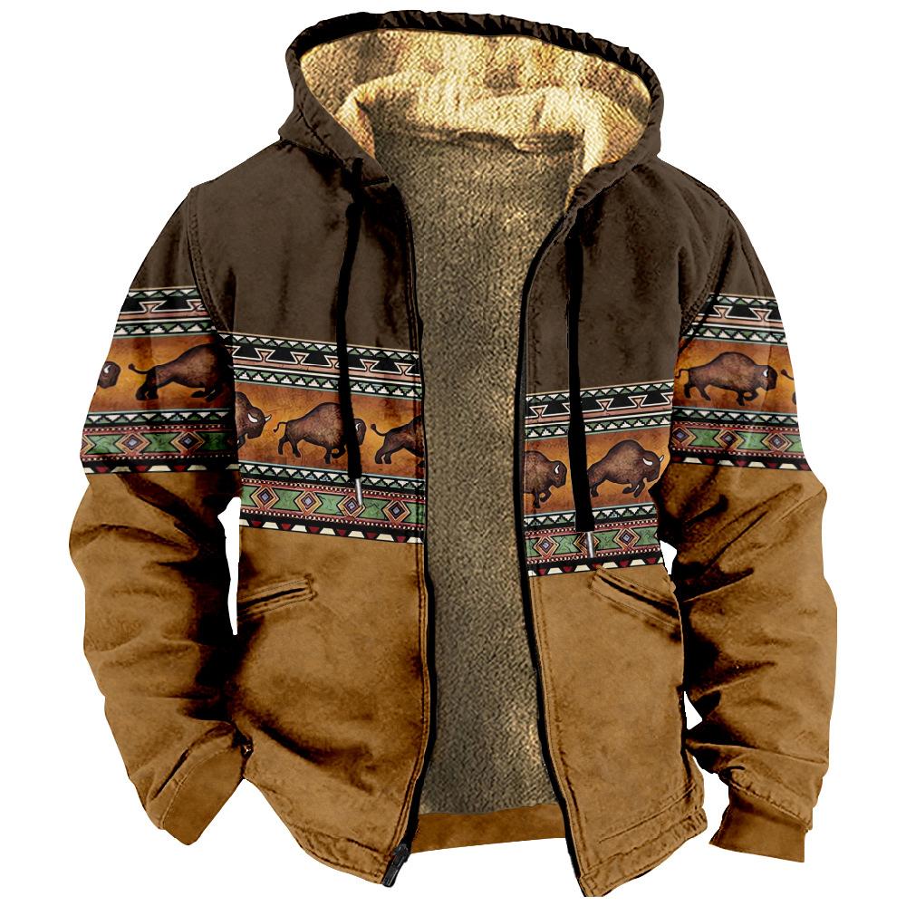 Vintage Winter Jackets Men Bison Print Design Motorcycle Jacket Casual Long Sleeve Coats Versatile Hooded Sweatshirts