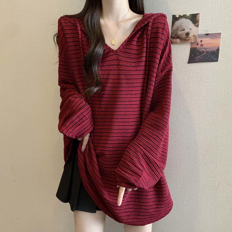 Plus Size Korean Striped Hooded Long Sleeve Slimming T-shirt: Women's 2025 Autumn Mid-length Top