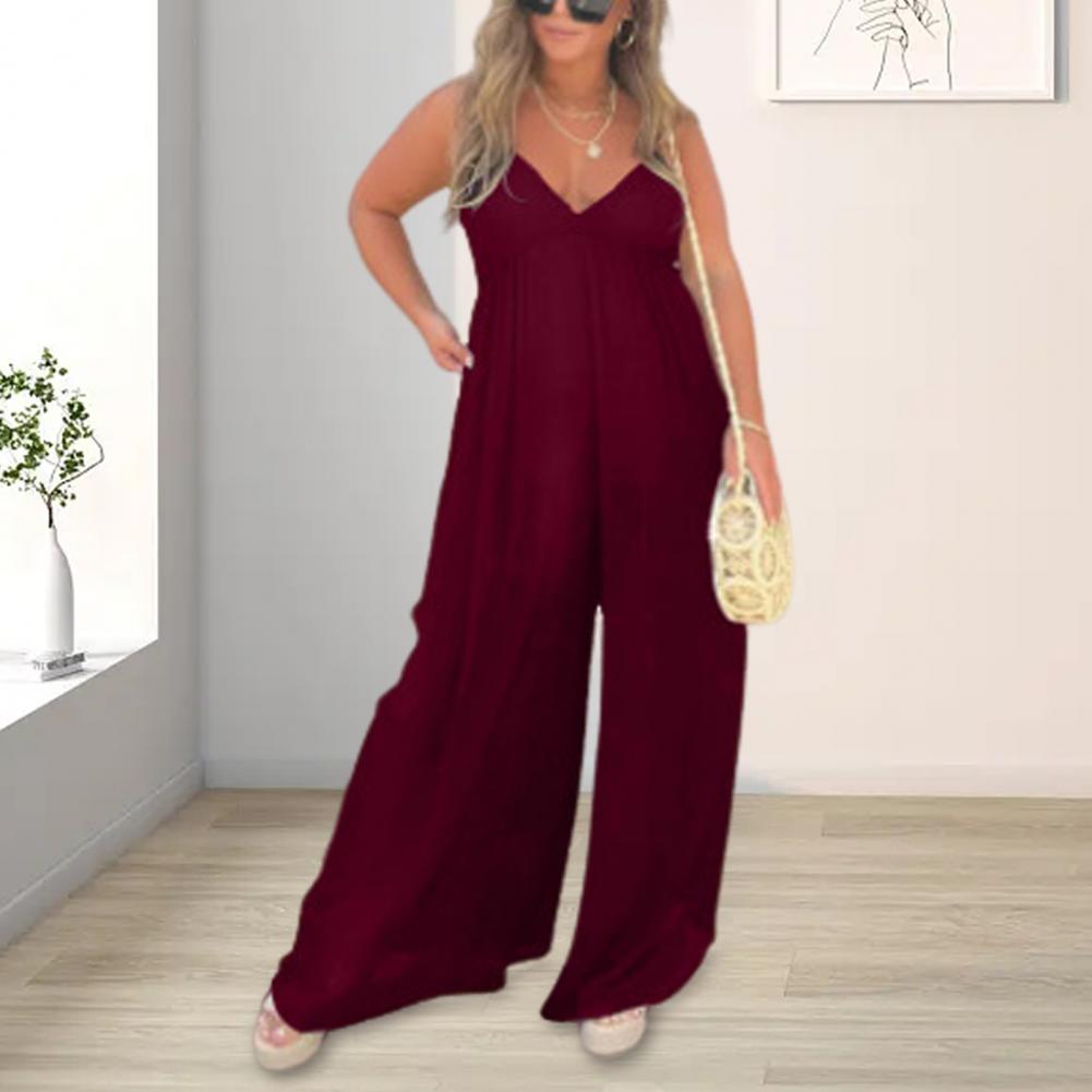 Summer Women Jumpsuit Deep V-Neck Sleeveless Backless Wide Leg Comfortable Fit Pure Color Pleated Spaghetti Strap Leisure Vacation Beach Lo