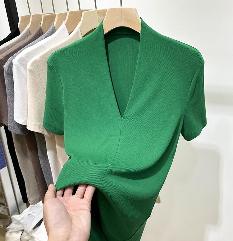 Threaded Fashion V-neck Short-sleeved T-shirt Women's Summer New Slim-fit Half-sleeved T-shirt Top