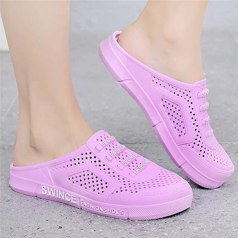 WTEMPO Női légáteresztő zselés színű nagy méretű lapos sarkú csúszásgátló cipő puha talpú Baotou hollow out női felcsúsztatható papucs