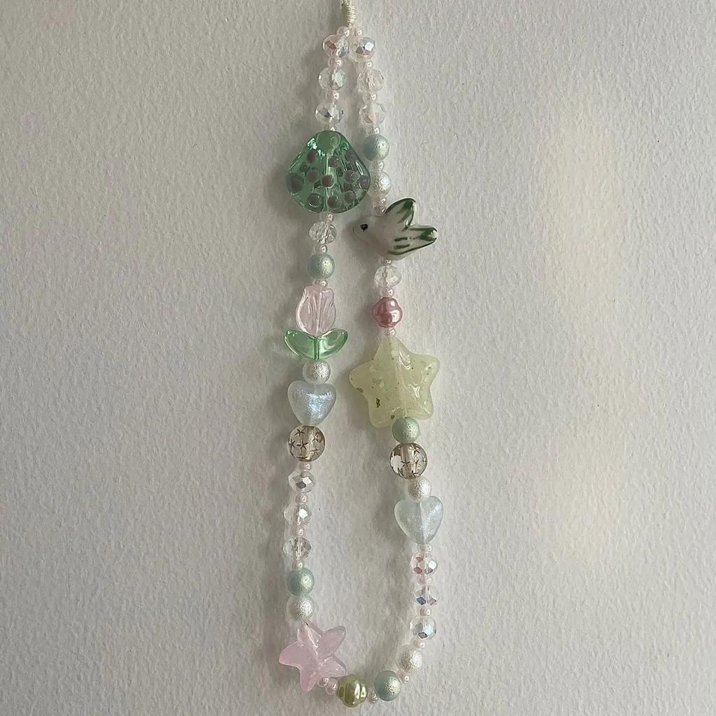 Summer Bling Phone Strap Lanyard Pigeon Bead DIY Key Chain Pendant For iPhone 13Mini Vivo Oppo Books Cute Flower Case