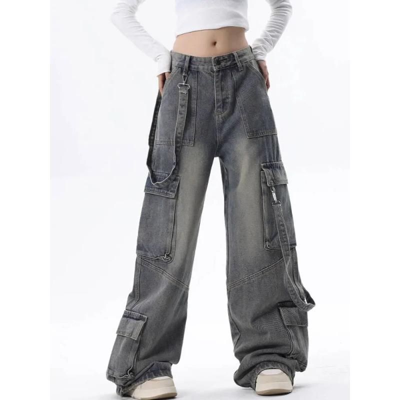 Retro Workwear Wide-leg Jeans for Women Autumn and Winter High Street Design Loose and Slim High-waisted Straight Pants