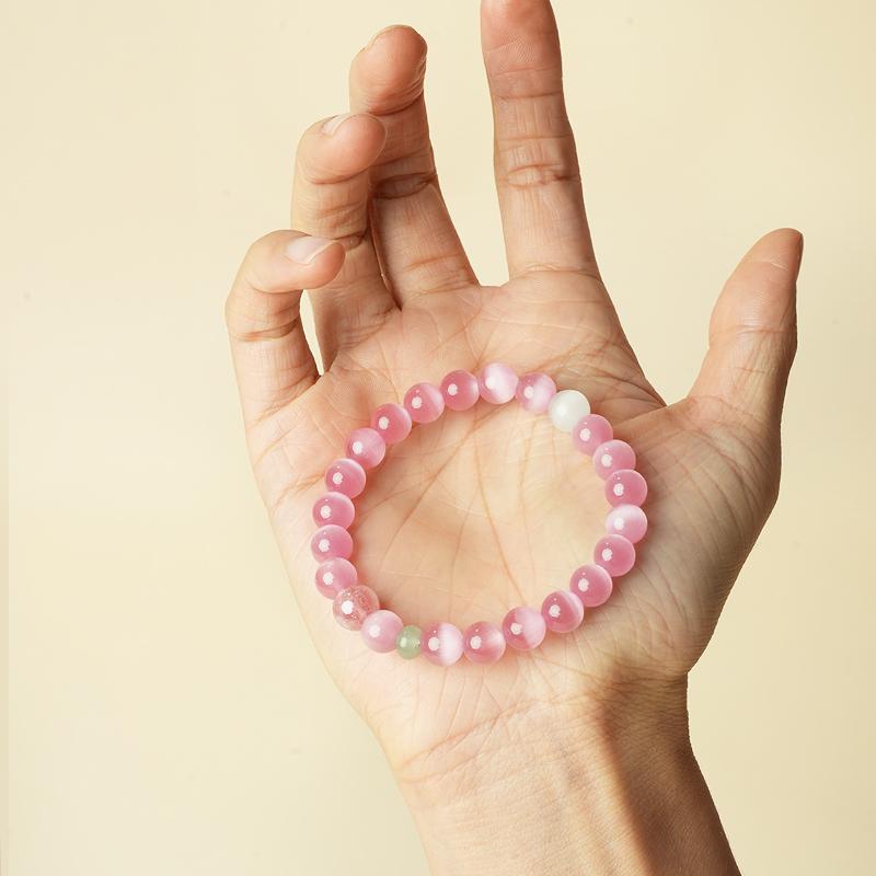 Peach Blossom Cat s Eye Pink Bracelet - Aesthetic Crystal Jewelry for Girls, Blogger-Recommended Gift for Couples