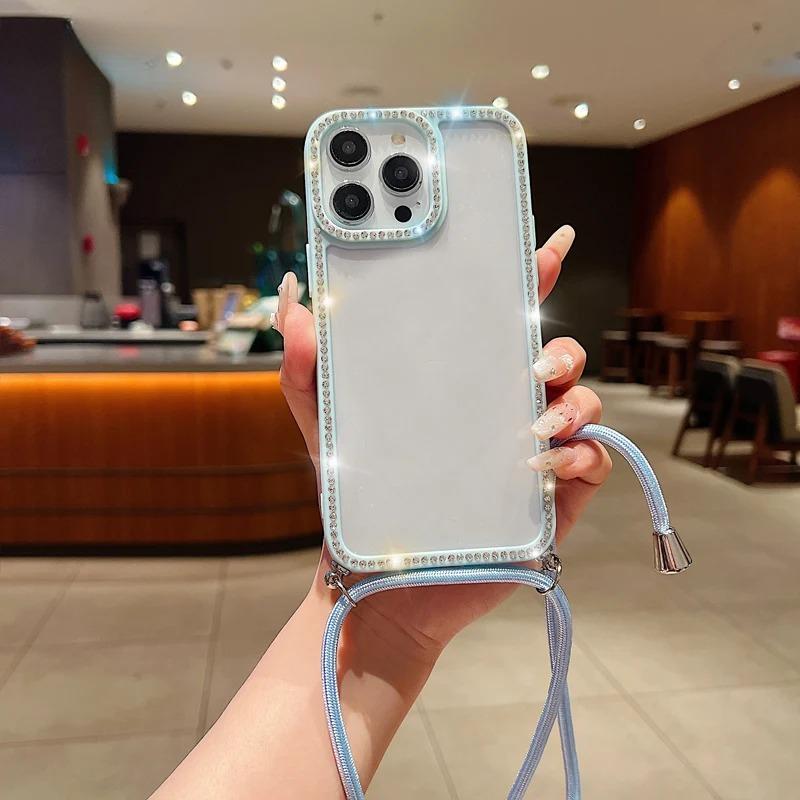 Diamond Glitter Crossbody Necklace Lanyard Case For iPhone 16 16E 11 12 13 14 15 Pro Max Plus Bling Transparent Soft Cover