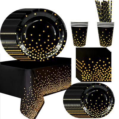 Black Gold Party Tableware,Black and Gold Dot Paper Party Tableware-Black and Gold Paper Plates Cups Etc Black Gold Party Supplies Tableware