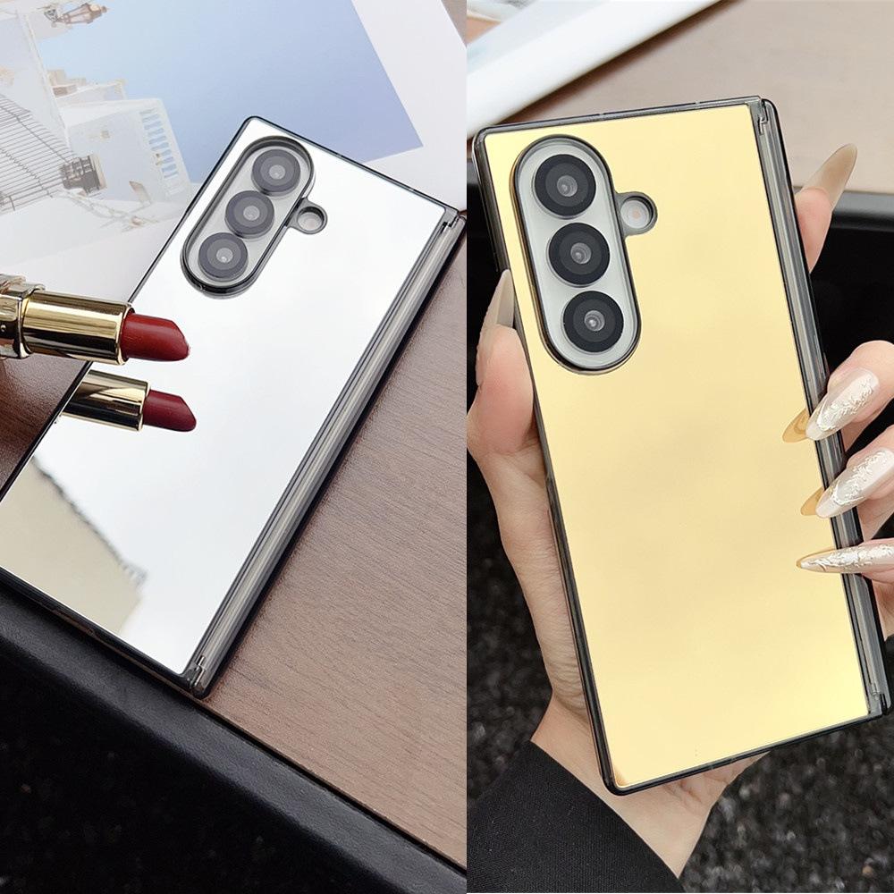 Plain Pure Color Phone Case for Samsung Z Fold 7/6 3/4/5 Acrylic Mirror Finish All-Inclusive Folding Cover With Hinge Protection