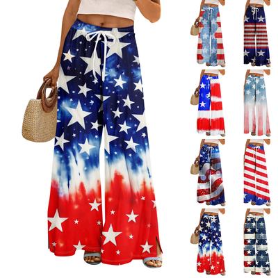 Women Summer Boho Palazzo Pants High Waist Wide Leg Independence Printing Casual Trousers With Pockets