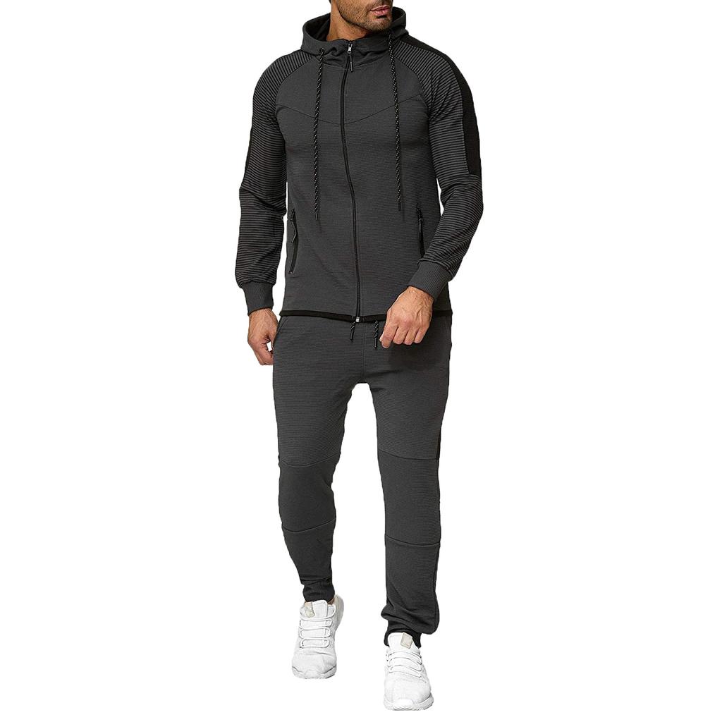 Men's Spring & Round Neck Hooded Colour Blocking Cardigan Sweatshirt Suit