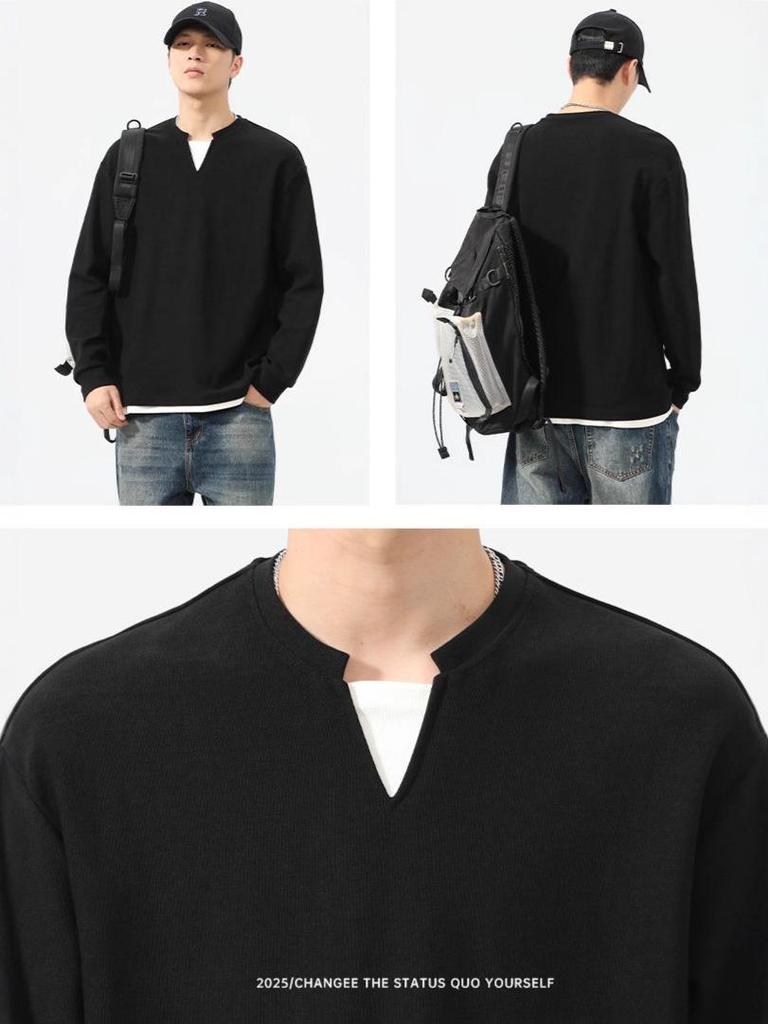 Men's Black Waffle Texture Faux Two-Piece Henley Long Sleeve T-Shirt - Korean College Style for Autumn