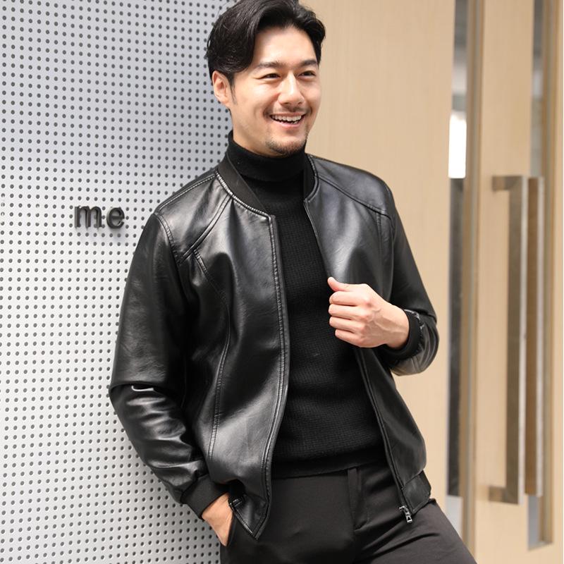 Kuaishou Douyin Men's Autumn/Winter Baseball Collar Leather Jacket – Thin Stand Collar Casual Coat