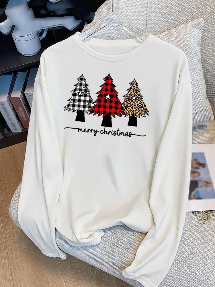 (Asian Size) plaid trend cute Print T Shirt Christmas new year Graphic Tee Women autumn winter Casual Fashion Top Clothing Long Sleeve T-shirts