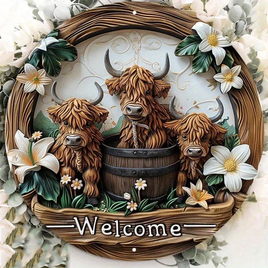 Vintage Highland Cow Lily Flower Metal Tin Sign UV Resistant Indoor Outdoor Wall Decor