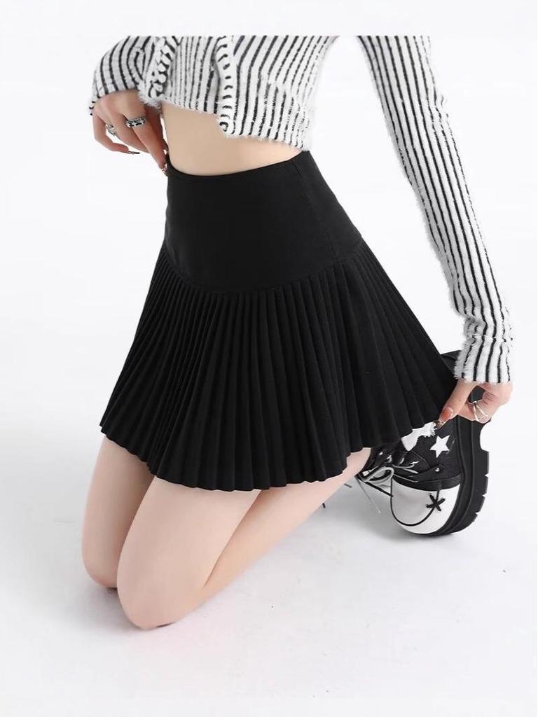 Harajuku Streetwear Pleated A-Line Wool Skirt - Versatile High Waist School Style