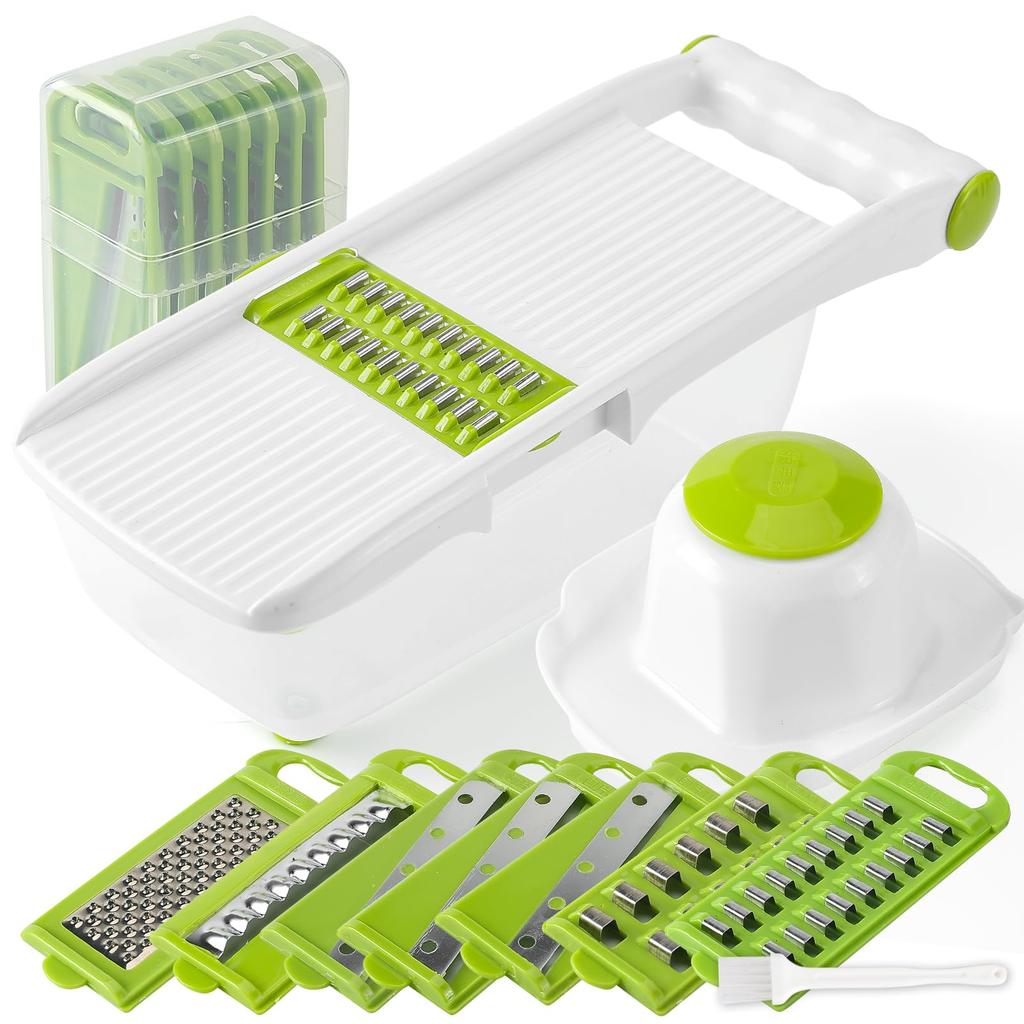 FOOKO Multifunctional Vegetable Slicer Grater Shredder Set 8 Blades 304 Stainless Steel Chef Supervised Kitchen Cutter Green