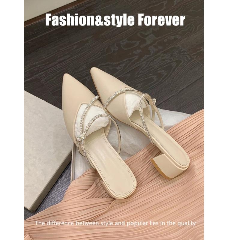 

2025 new summer French elegant pointed rhinestone one pedal thick heel bag head half drag wear women s shoes Muller shoes 40 бежевый