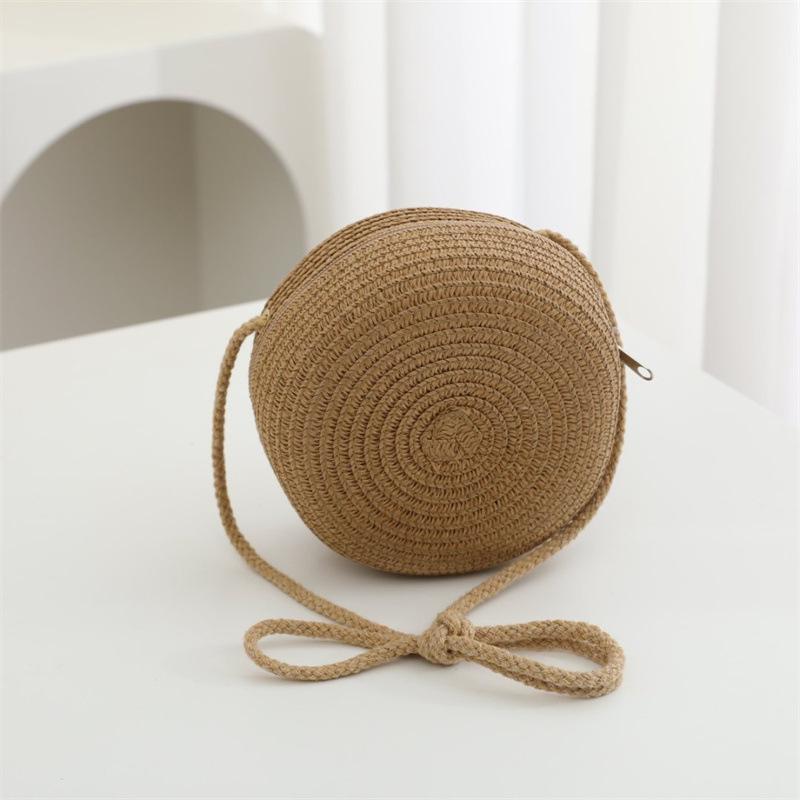 Summer Solid Color Straw Bag Shoulder Messenger Round Bag Children Versatile Outing Beach Bag Light Board DIY Round Weaving