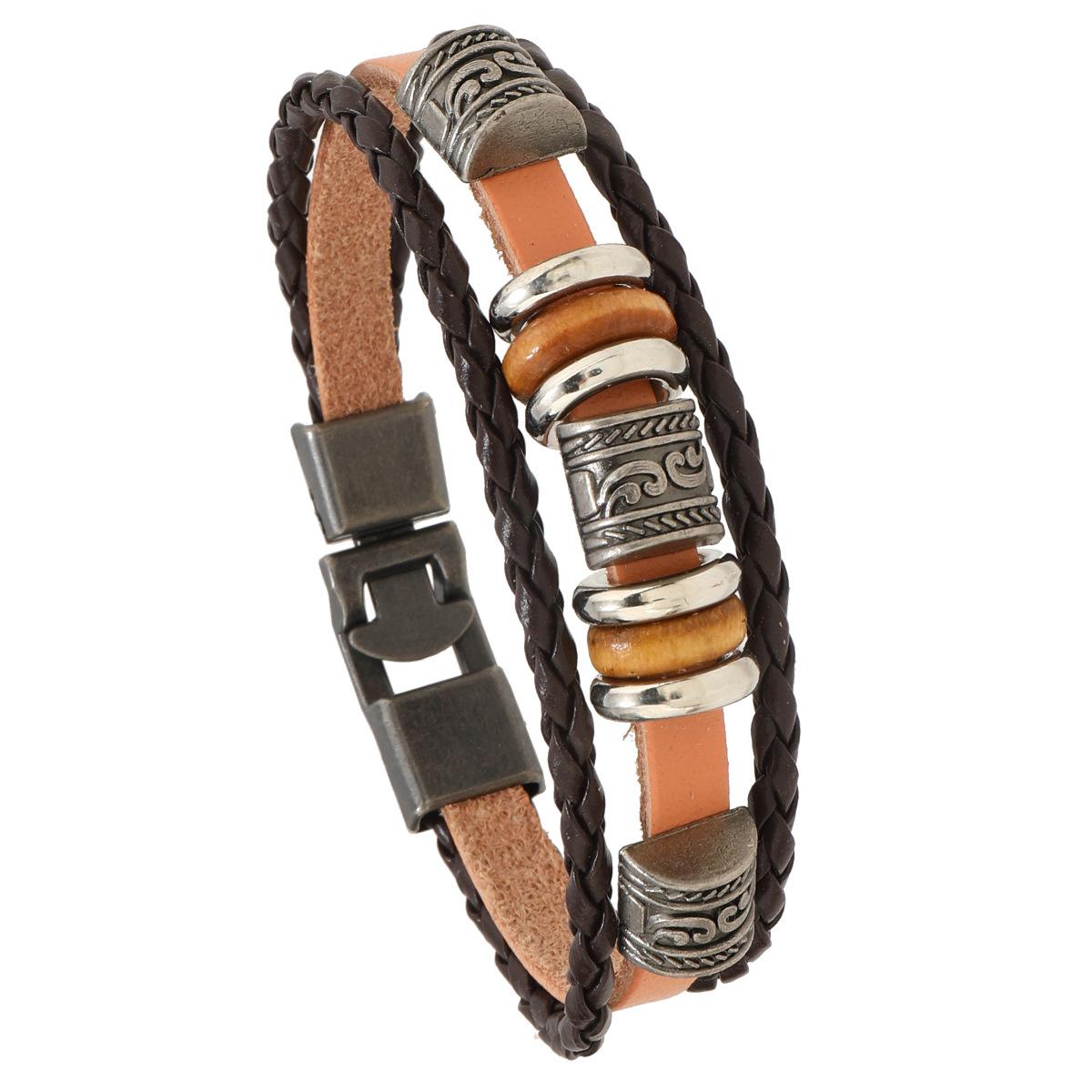 

Новый винтажный тканый браслет в стиле панк, многослойный винтажный ювелирный браслет из бисера, кожаный мужской браслет с пряжкой 1 Pcs светло-коричневого