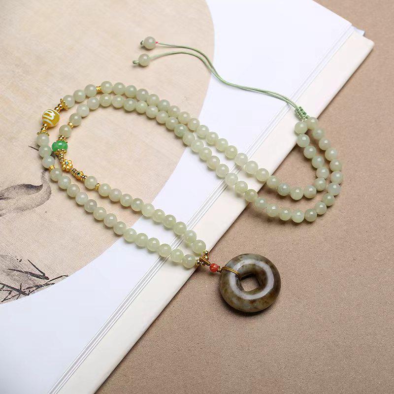Hetian Jade Beaded Ping An Kou Pendant Necklace - Unisex Wenwan Style