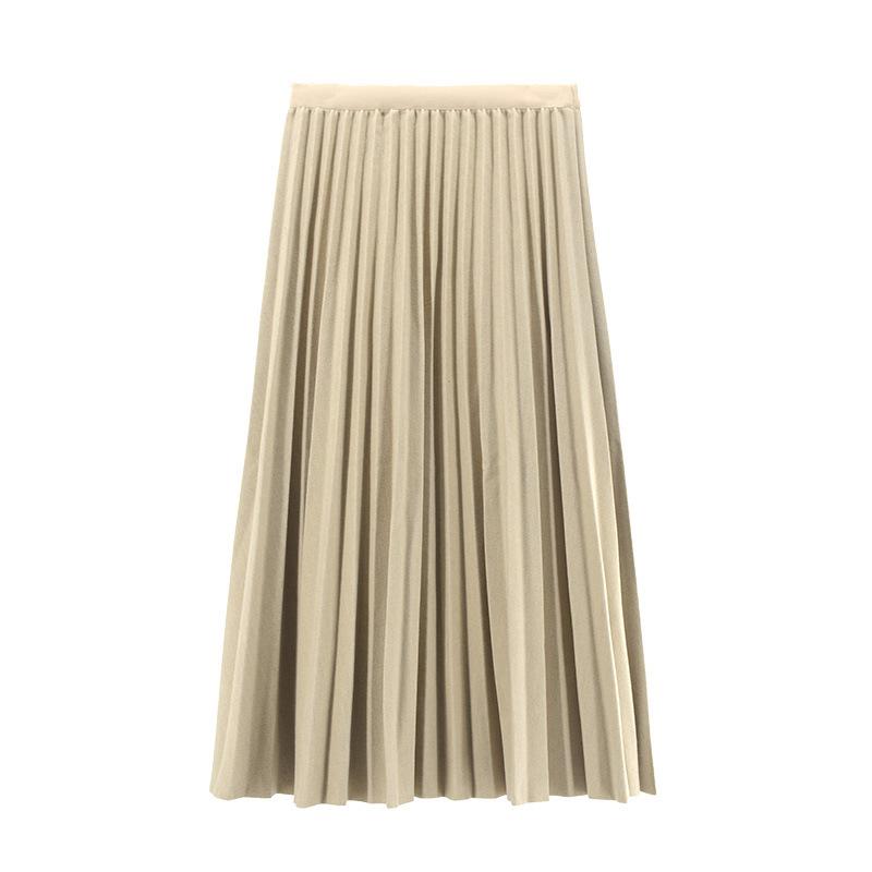 Model real autumn and winter pleated skirt medium and long skirt solid color A-shaped skirt elastic waist