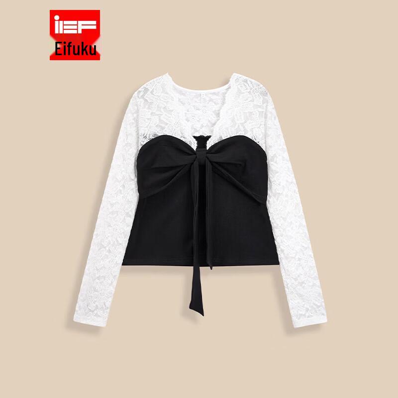 Топ с длинным рукавом IEF 2026 Весна, Французский стиль, Вставки, Приталенный S