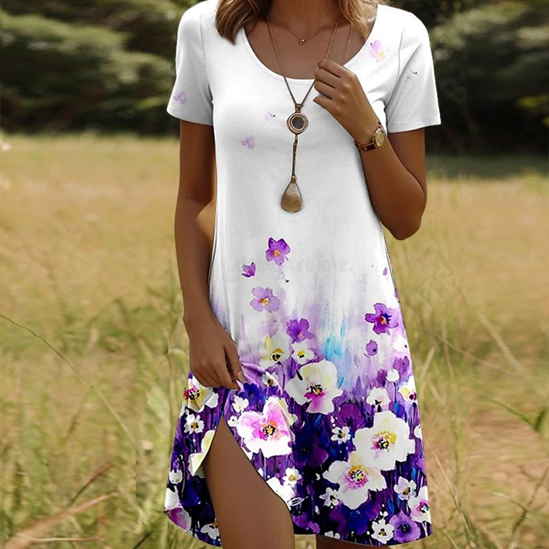 

Модное женское свободное красивое цветочное платье с круглым вырезом и коротким рукавом с принтом листьев, свободное уличное платье А-силуэта M белый