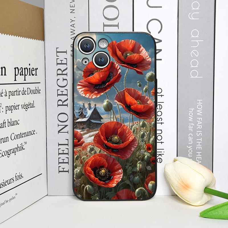Retro Poppy Flower Bloom Hot Red Printed Phone Case for iPhone 17 16 12 11 14 Plus 13 14 15 Pro Max Mini X XS Floral Soft Cover