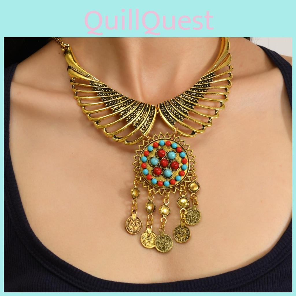 Vintage Ethnic Inspired Coin And Tassel Necklace With Angel Wing Charm For Autumn Fashion