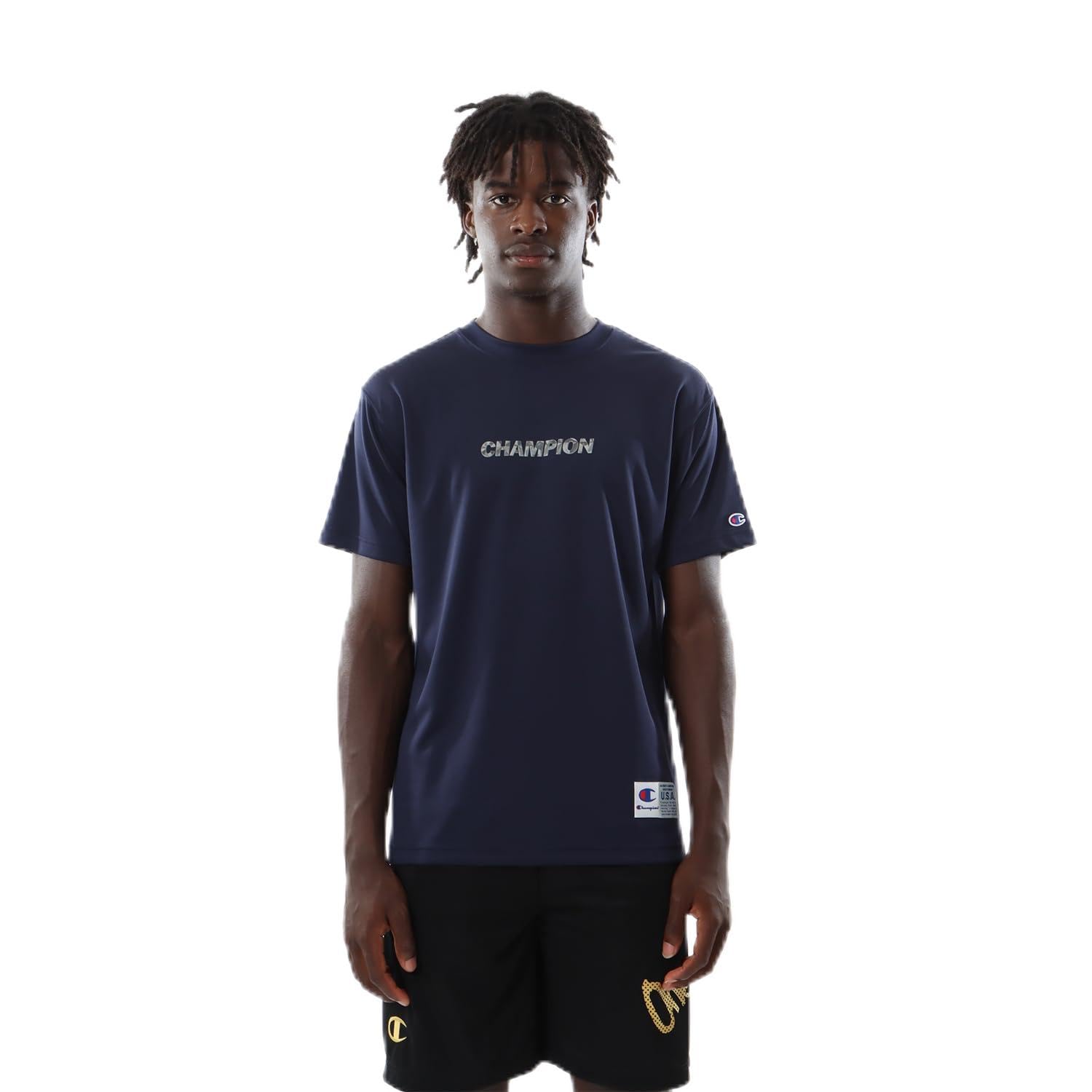 

Champion футболка с коротким рукавом, антибактериальная, с графическим логотипом, темно-синяя, рукав, горловина, DRYSAVER, дезодорант, принт, футболка, баскетбол, C3-ZB352,