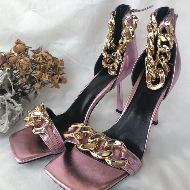 New Fashion High Heels Sandals Women With Chain Square Toe Sandalias De Las Mujeres Wedding Shoes Women Party Femmes Chaussures