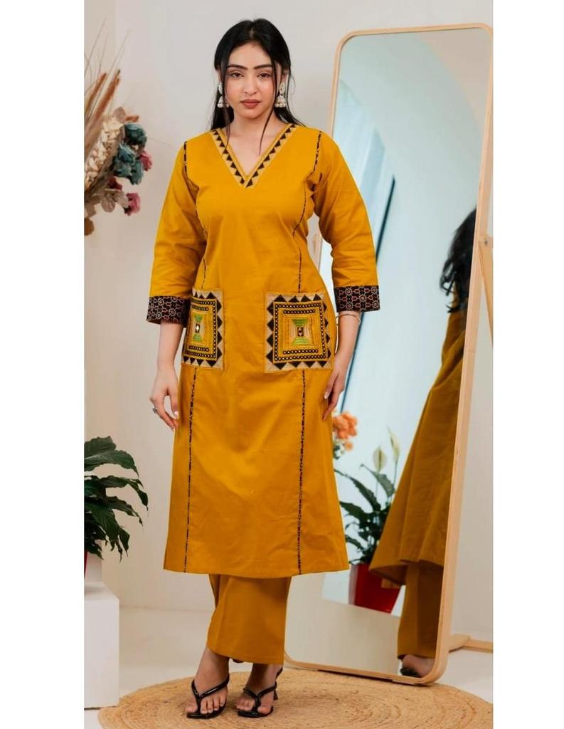 Party Wear Women Cotton Embroidered Kurta Pant Set Indian Bollywood Top Tunic Kurti Dress