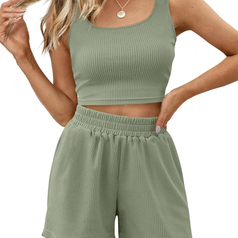 Damen Zweiteiler Sommer Strick Ärmelloses Crop Top und High Waist Kurze Lounge Sets