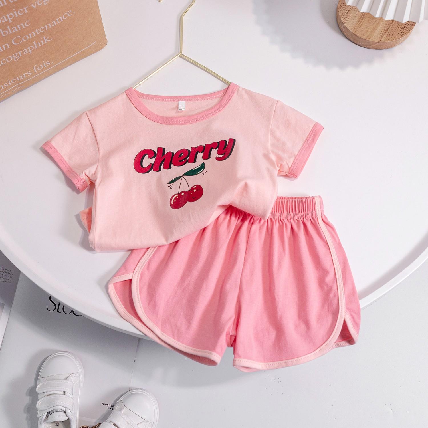 Girls Summer Two Piece Outfit Round Neck Short Sleeve Top And Shorts Set Trendy Casual Sporty Clothes For Kids 80cm