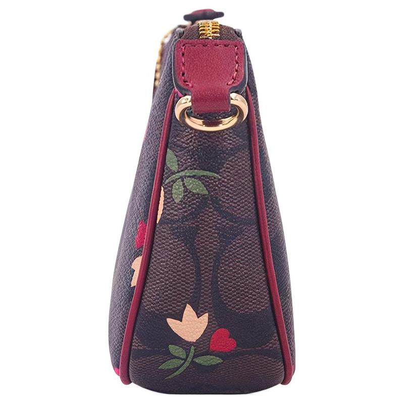 Coach Nolita 19 Presbyopia Love Flower Print Zipper Leather Armpit Bag Mahjong Bag Clutch Small Size Women's Brown/burgundy Color Matching