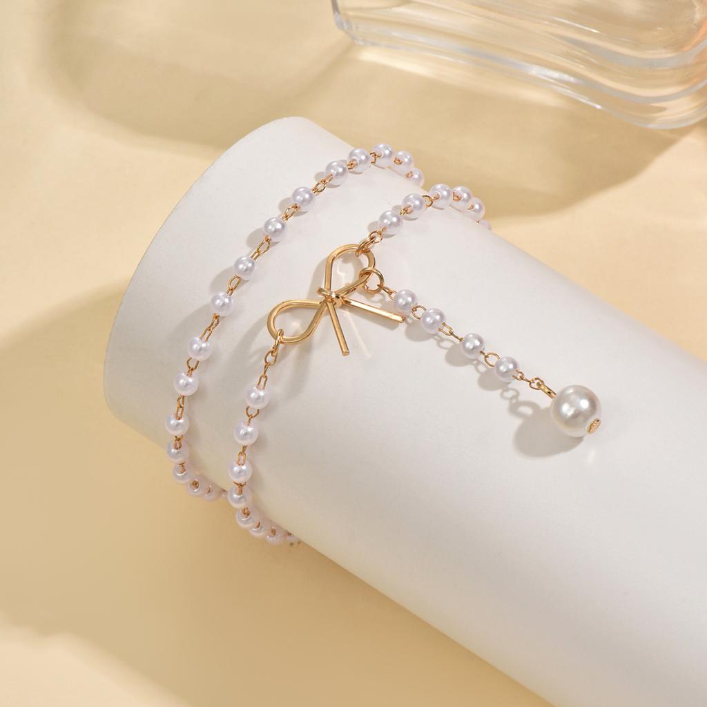 2Pcs Layered Bow Pearl Anklets for Women Gold Dainty Tassel Hypoallergenic Summer Beach Vacation Jewelry Gift