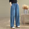 Autumn retro plus-size women's denim loose and thin nine-point Harlan trousers Elastic Waist Dark Wash Wide Leg Jeans