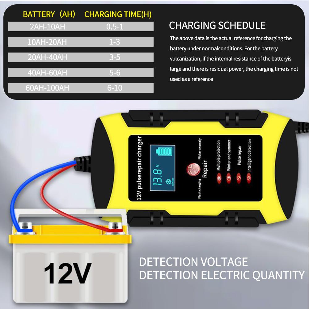 12V 6A Plně automatická nabíječka autobaterií 110V až 220V Rychlá výkonová pulzní opravná nabíjení pro mokré suché olověné kyseliny s digitálním LCD displejem