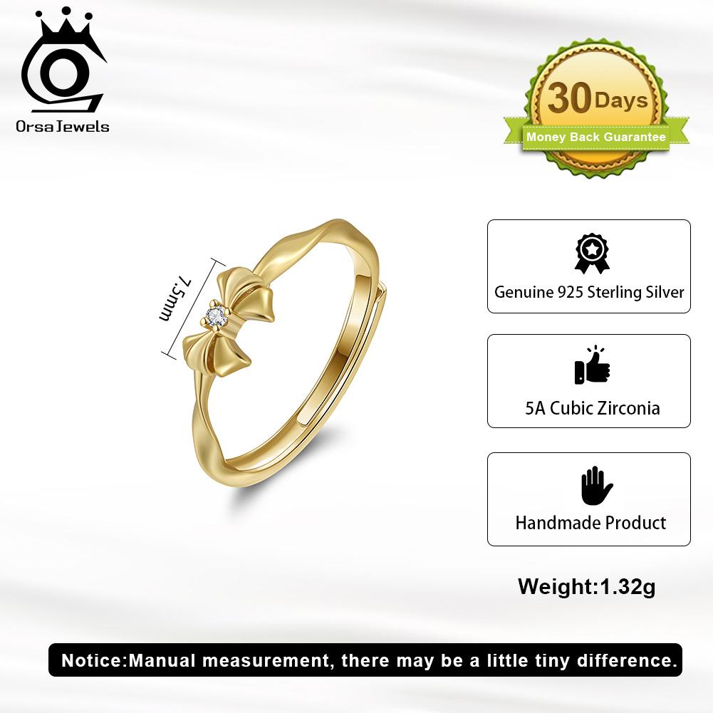 ORSA JEWELS 925 Sterling Silver Luxury Bowknot Ring Round Cubic Zircon Rings Adjustable Women Trendy Accessory Jewelry SR330