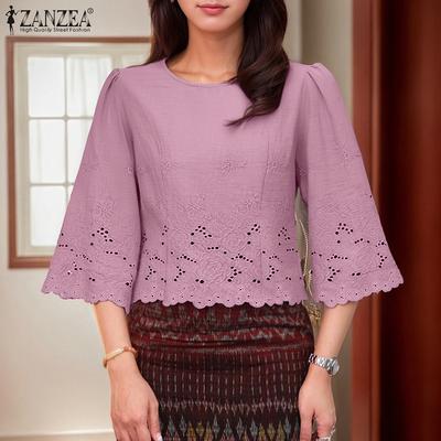 Women Casual Round Neck 3/4 Sleeve Loose Embroidery Blouse