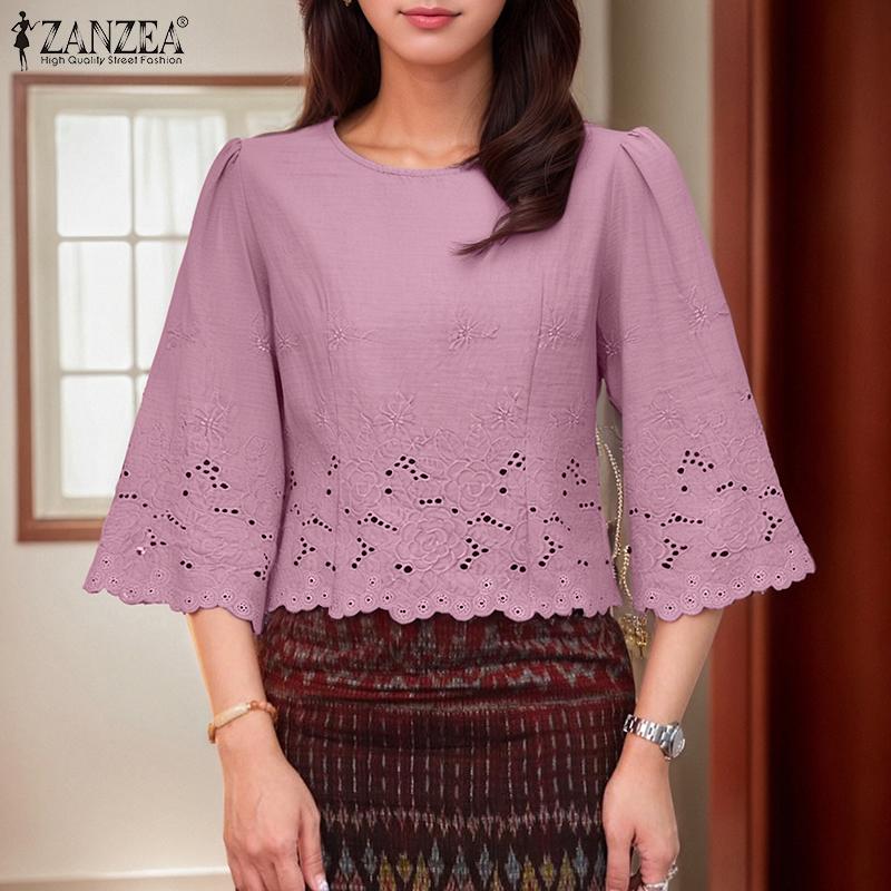 ZANZEA Kvinner Casual Rund Hals 3/4 Erme Løs Broderi Bluse