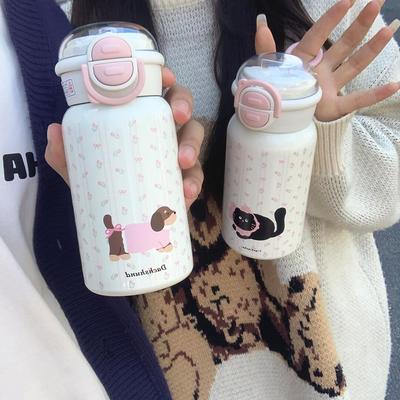 Nová zvířecí termoska s vysokou úrovní vzhledu Dívčí velkokapacitní hrnek na dvojí pití Hrnek se slámkou Přenosný roztomilý nerezový hrnek