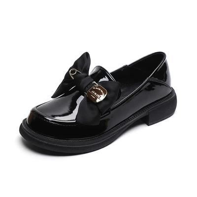 Ladies Casual Loafers Spring Women's Black PU Leather Shoes British Style Bow Design Mid Heels Work and Walk Wear