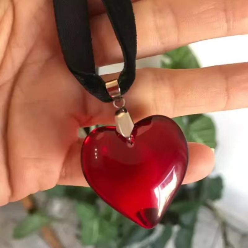 Glass Heart Charm Necklace Sparkling Heart Pendant Necklace Jewelry Gift for Women Wife Girlfriend Fabric Rope Chain
